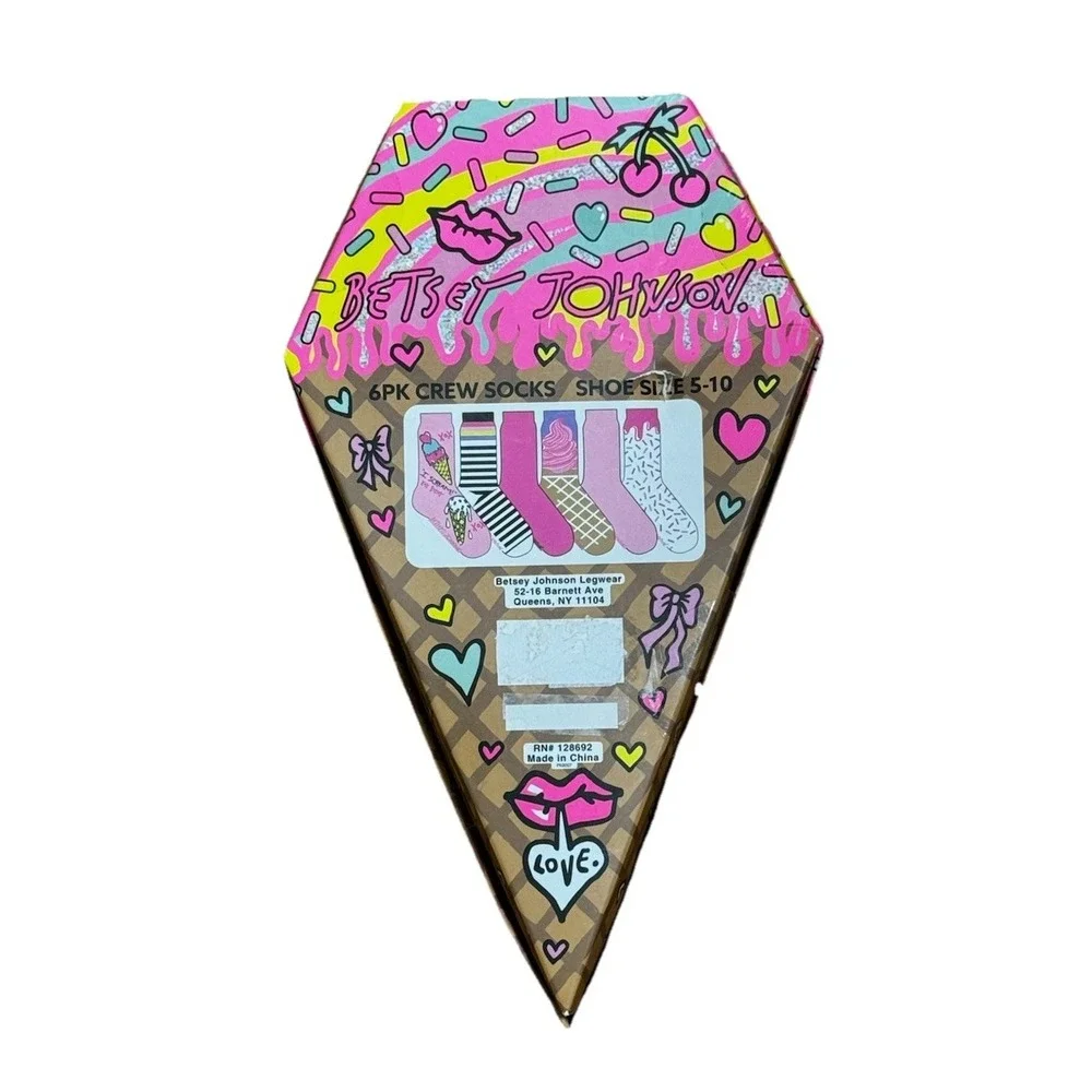 Betsey Johnson 6 PK Crew Socks Size 5-10 Ice Cream Cone Gift Set Novelty NWT‎